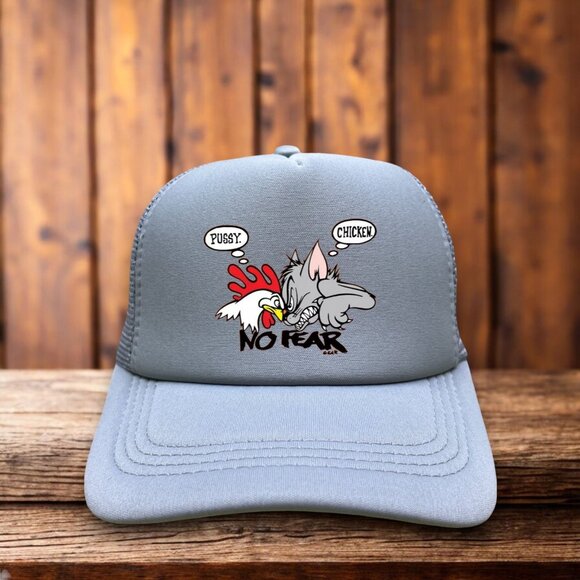 No Fear P*ssy Vs. Chicken Mens Trucker Hat Grey 1993 Vintage Logo Baseball Cap - Picture 1 of 4